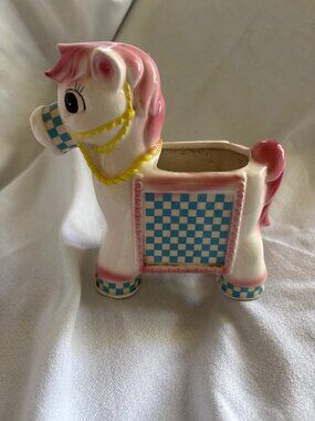 Vintage MCM Ardco Ceramic Pony Planter With Pink & Blue Checkered Pattern Pastel